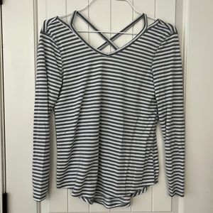 Gray and white striped shirt with cross back